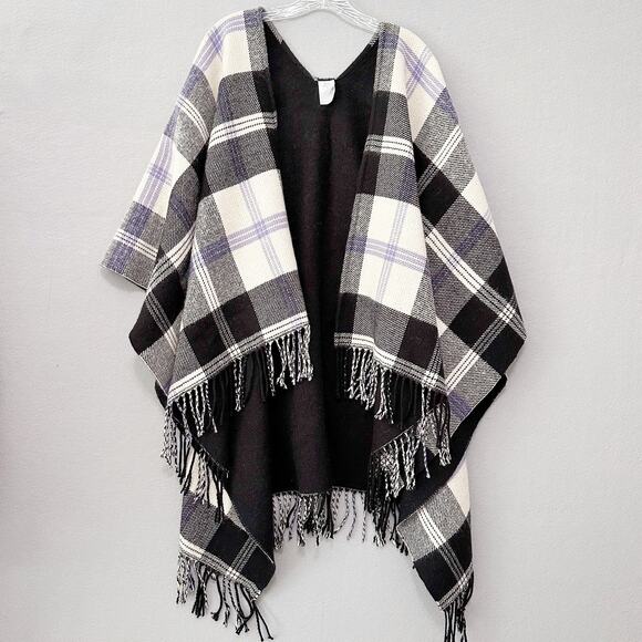 J.CREW Sweaters - J.Crew Reversible Oversized Wool Blanket Poncho Cape Wrap Purple Plaid Small